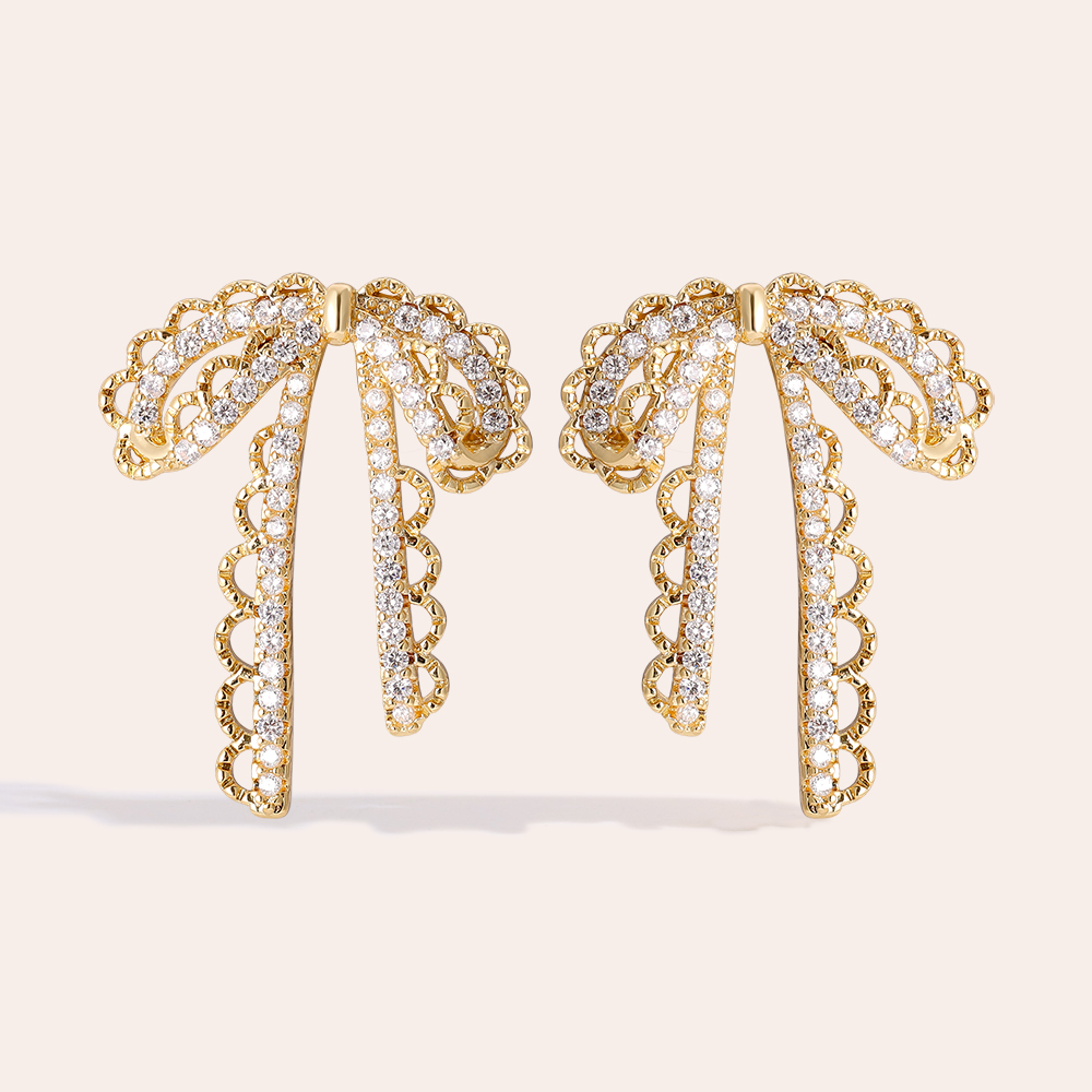 32mm Sparkling Diamond Bowtie Gold Plated Earrings   