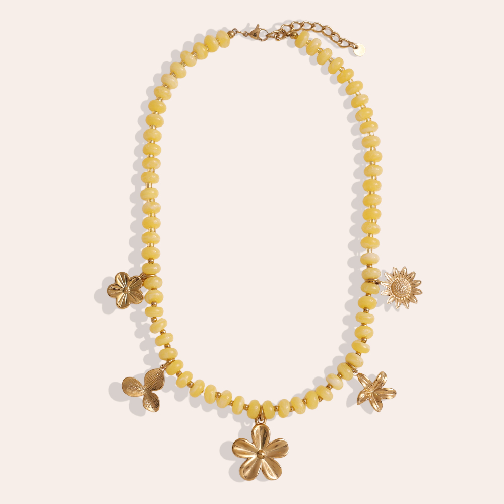 47cm small acrylic beads and golden flowers stainless steel necklace    