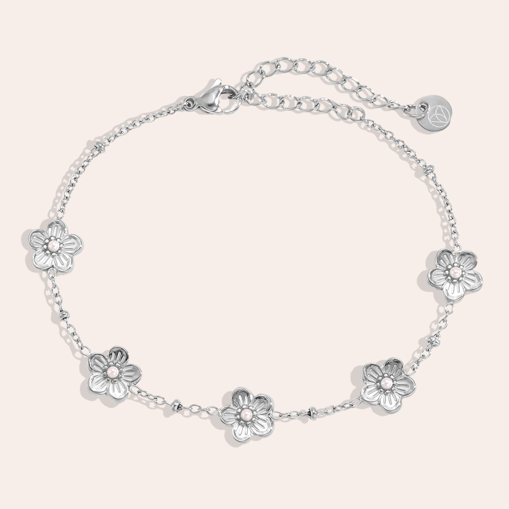 Stainless steel bracelet 17cm Five flowers with small faux pearls