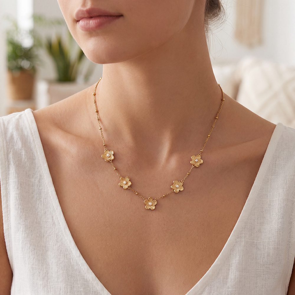 Stainless steel necklace 41cm Five flowers with small faux pearls