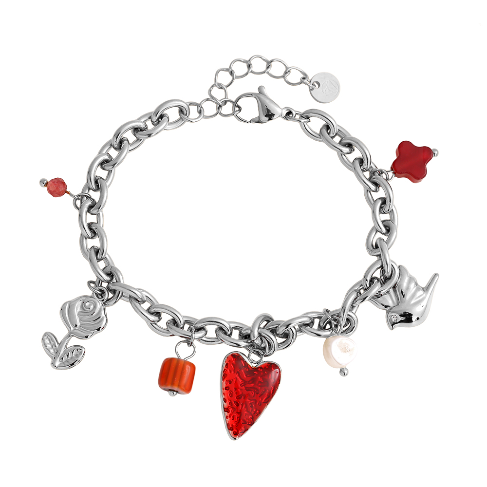 17cm red heart flower bead and flying dove stainless steel bracelet      
