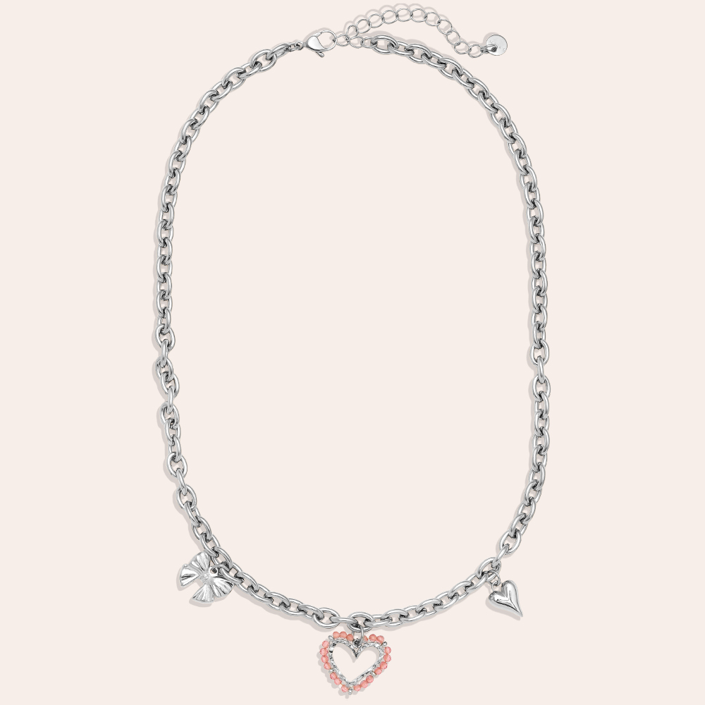 42cm Pink Heart And Charms Stainless Steel Necklace      