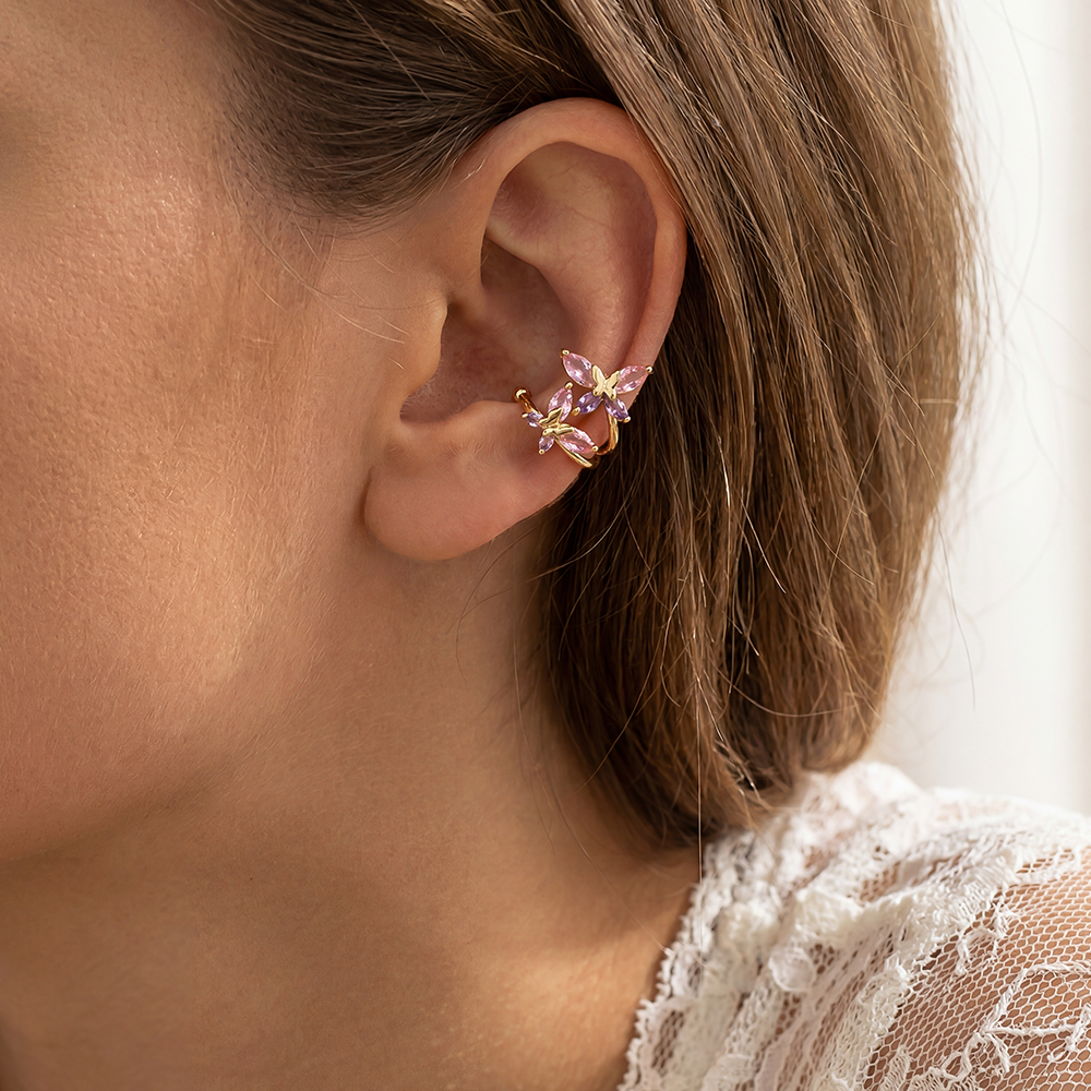 Gold-plated ear cuffs, 15mm, two zirconia butterflies