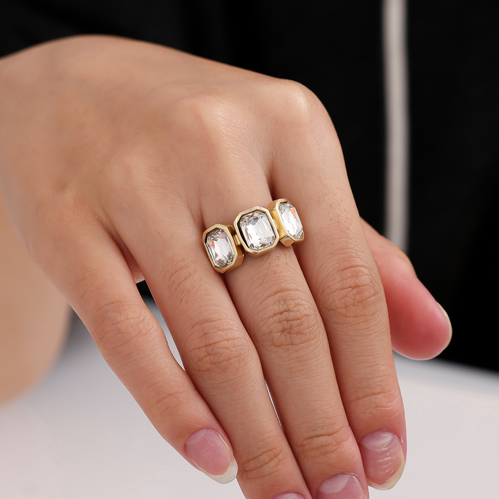 Adjustable open glass stone stainless steel ring 