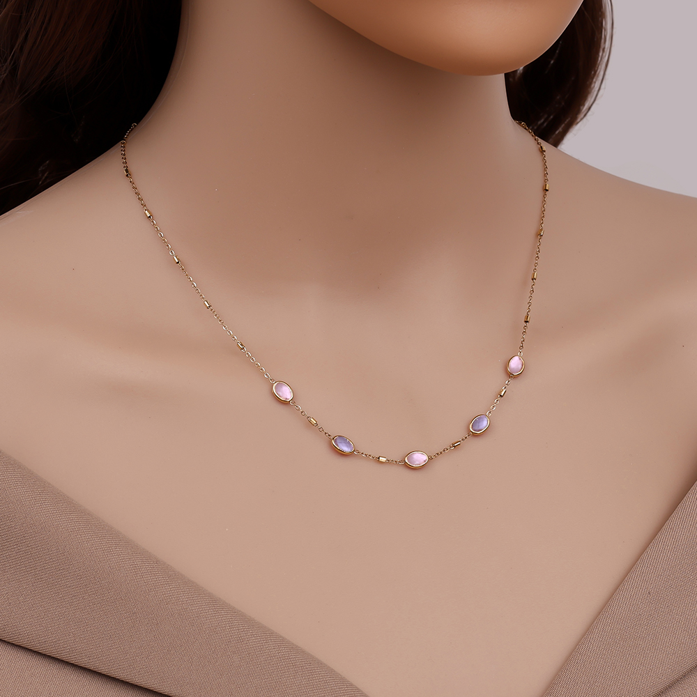 40cm Small Oval Glass Stainless Steel Necklace     