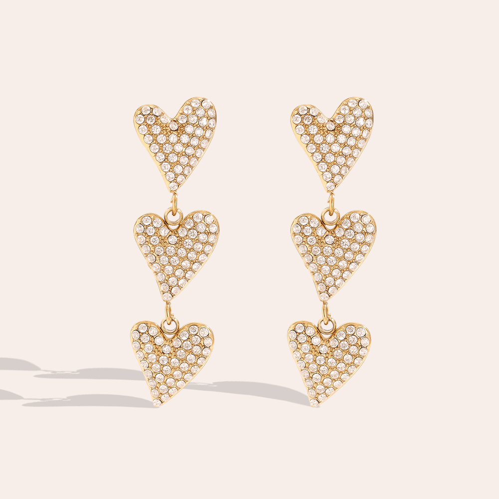 1.1*3.5cm Three Cute Diamond Hearts Stainless Steel Earrings      