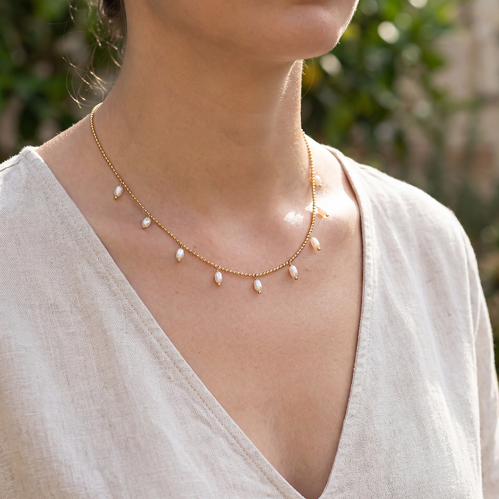 Stainless steel necklace, 42cm, with lots of small beads