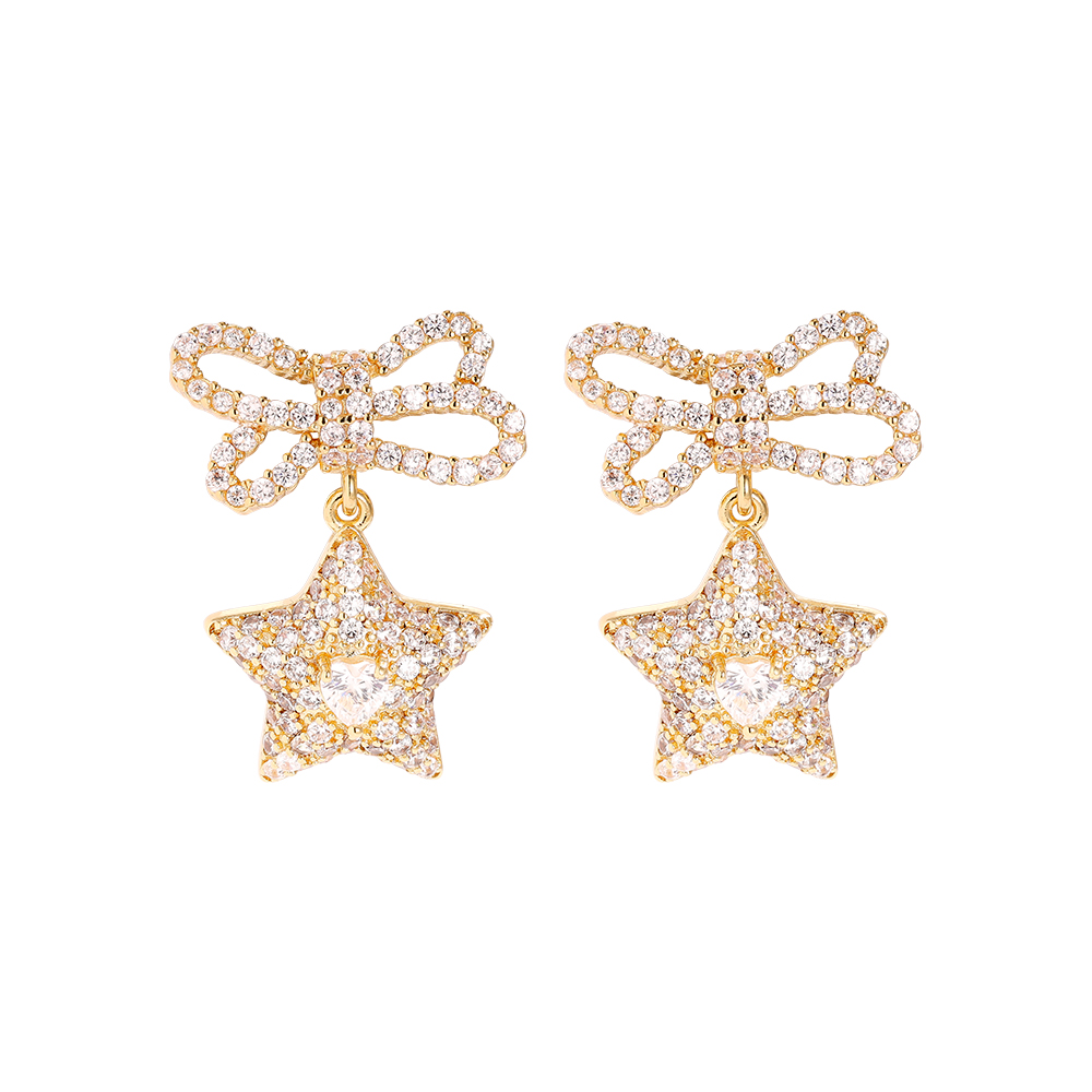 26mm Shining Bowtie Star Diamond Gold Plated Earrings     