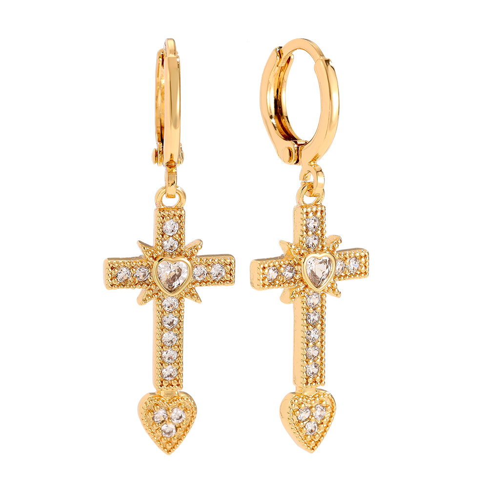 3.9cm Diamond Cross And Heart Gold Plated Earrings      