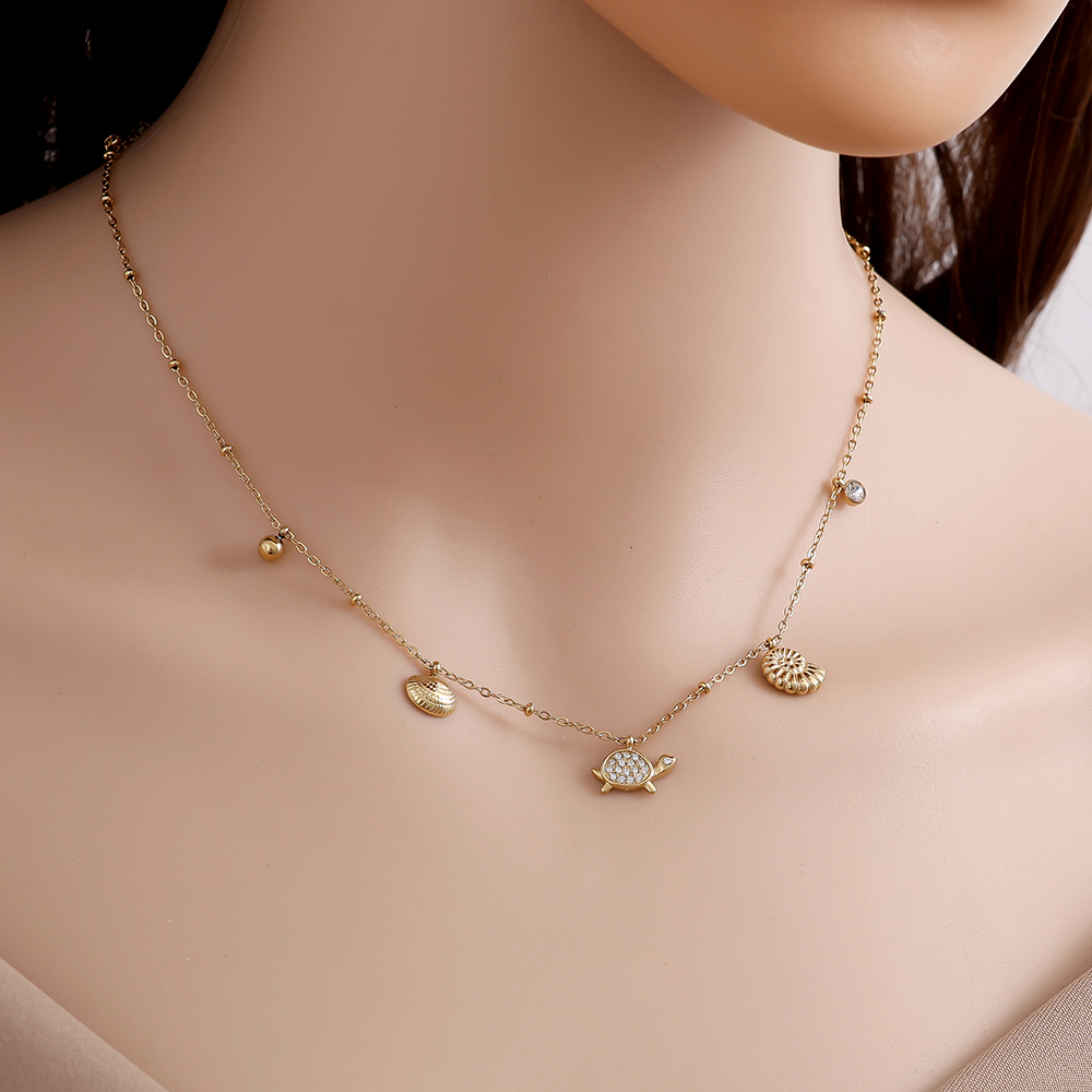 40cm rhinestone turtle and small shell stainless steel necklace 