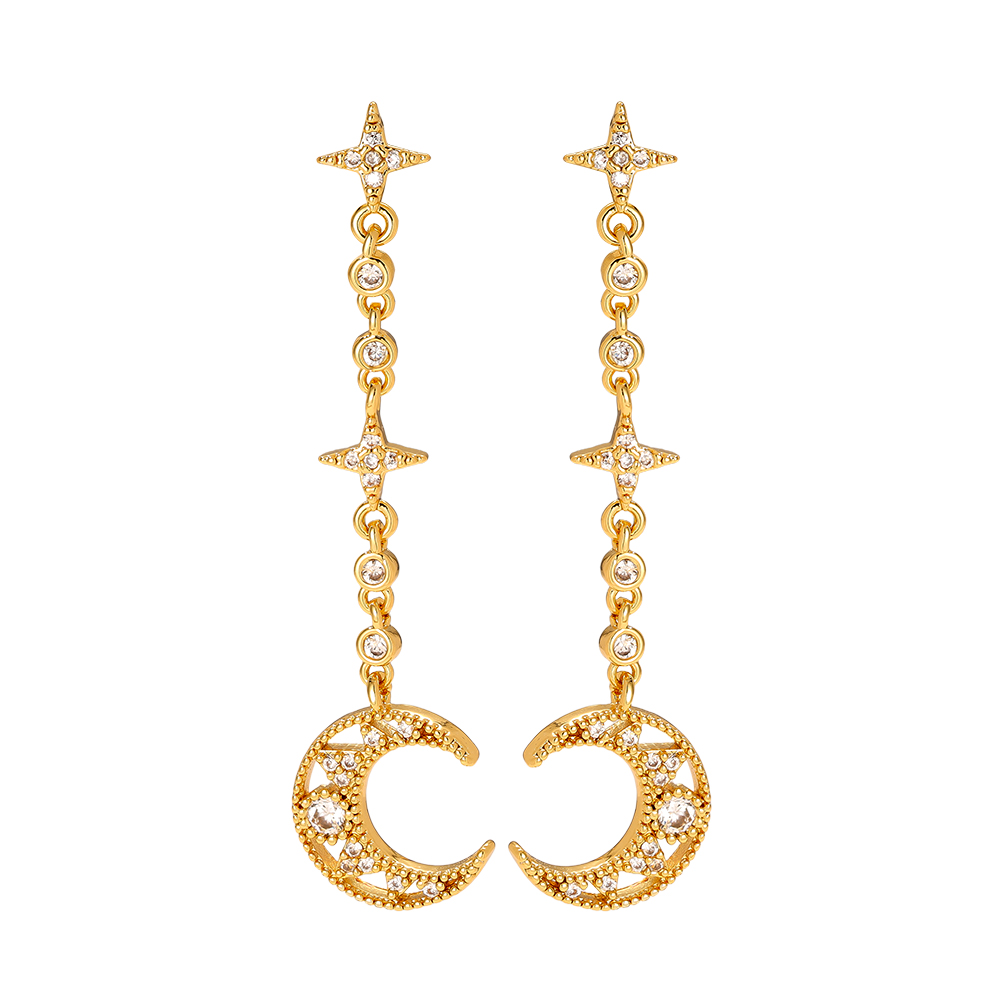 4.4cm Diamond Moon And Star Chain Gold Plated Earrings  
