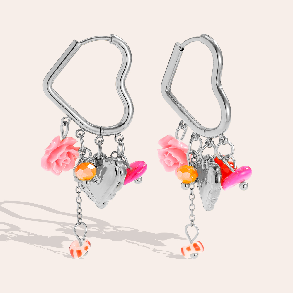4.2*1.8cm Nice Heart And Rose Stainless Steel Earrings    
