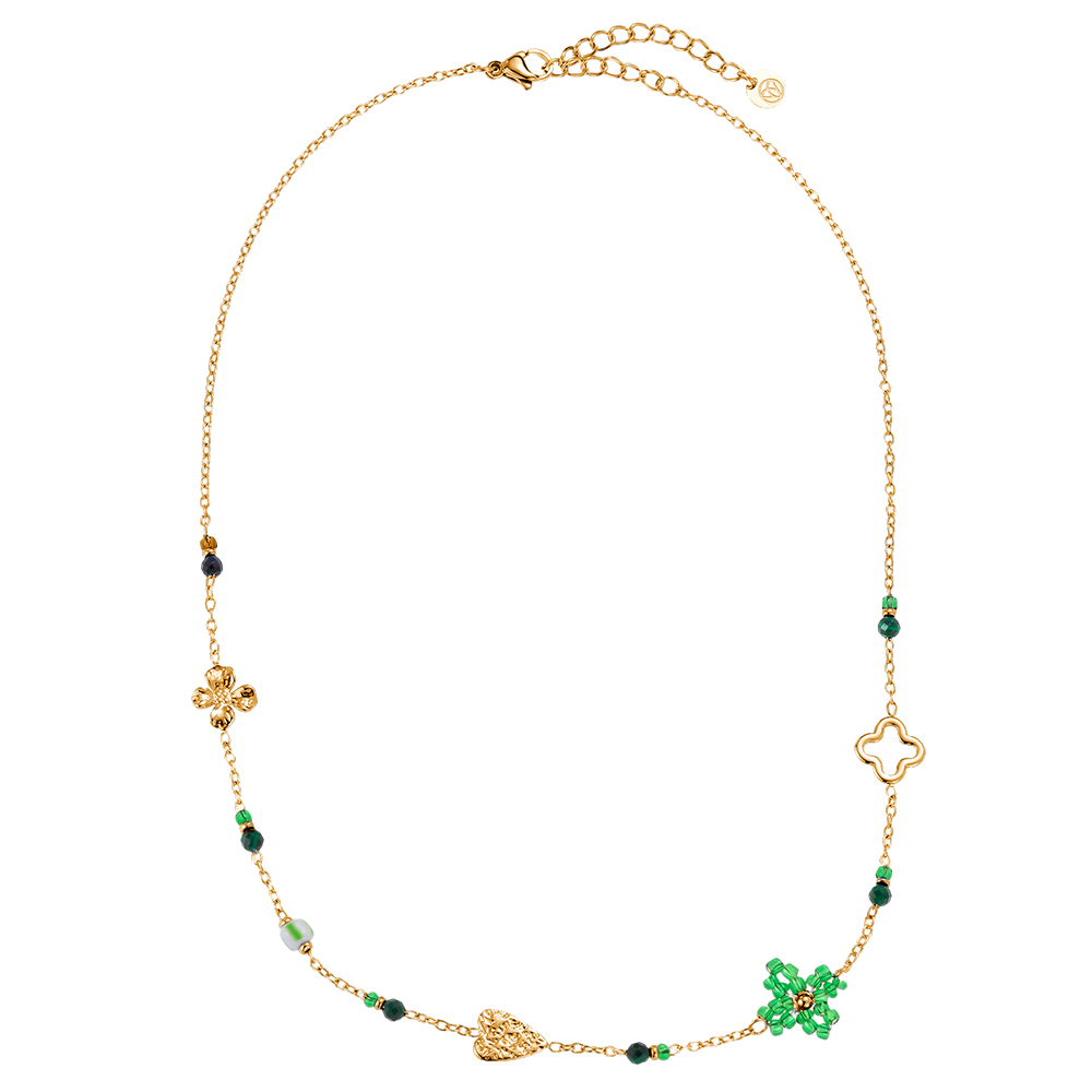 40cm flower heart and green beads stainless steel necklace  
