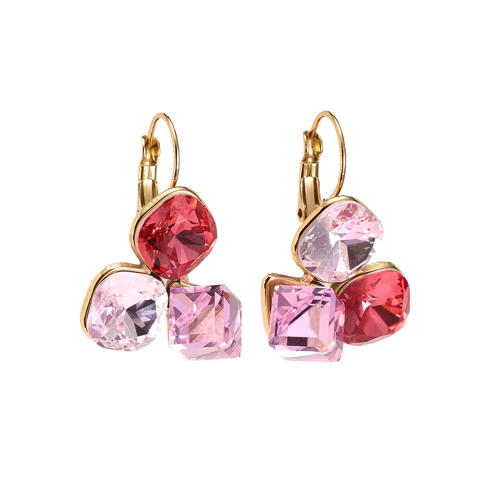 Stainless steel earrings, 30 × 21 mm. Three large glass stones in different colours
