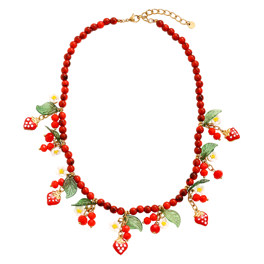 Stainless steel necklace 42cm acrylic beads with strawberries and flowers