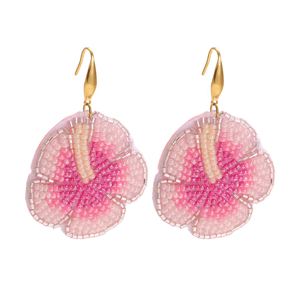 65mm Pink Beads Flowers Stainless Steel Earrings
