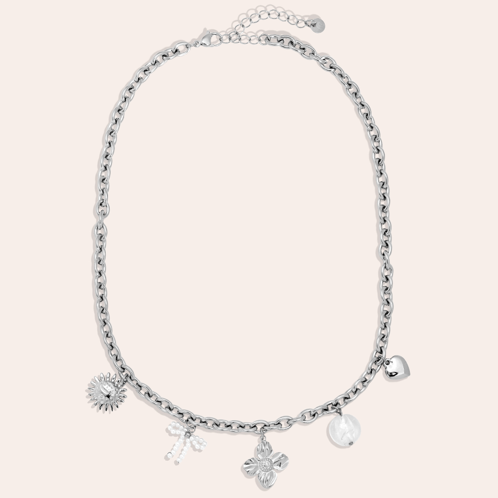 43cm sun, flower, heart and pearl pendant stainless steel necklace