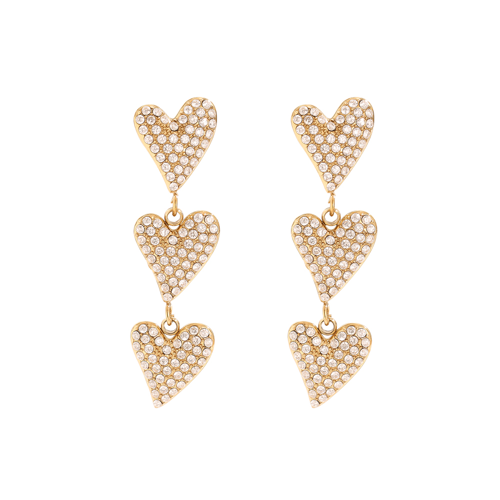 1.1*3.5cm Three Cute Diamond Hearts Stainless Steel Earrings      