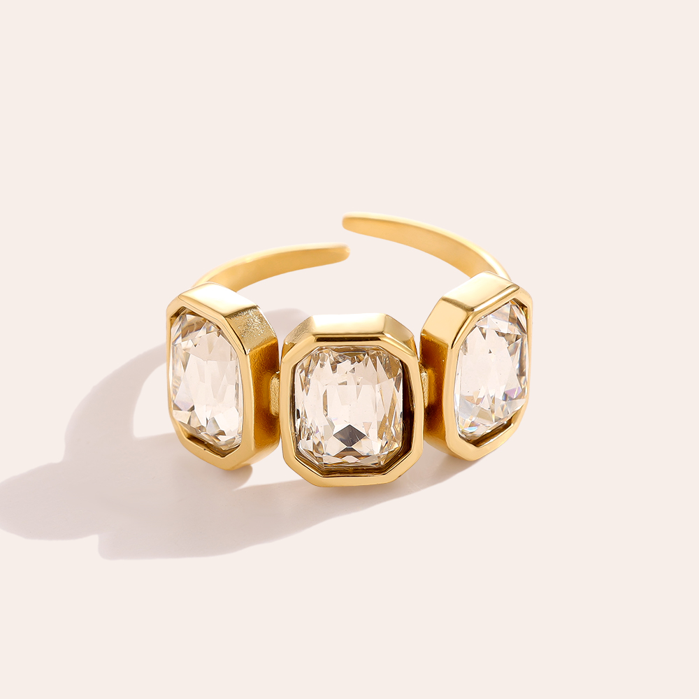 Adjustable open glass stone stainless steel ring 