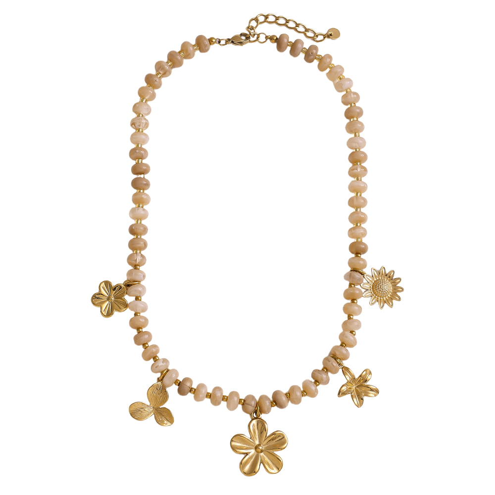 47cm small acrylic beads and golden flowers stainless steel necklace    