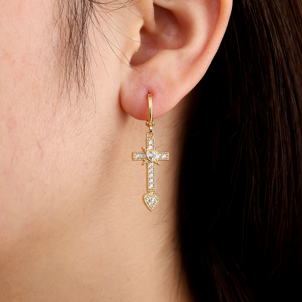 3.9cm Diamond Cross And Heart Gold Plated Earrings      