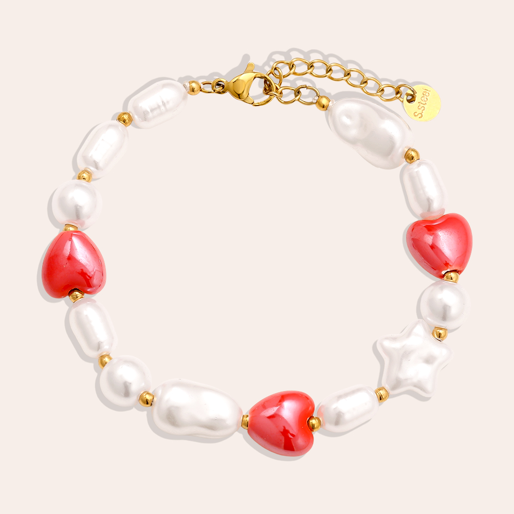 18cm Small Red Heart In Pearl Chain Stainless Steel Bracelet     
