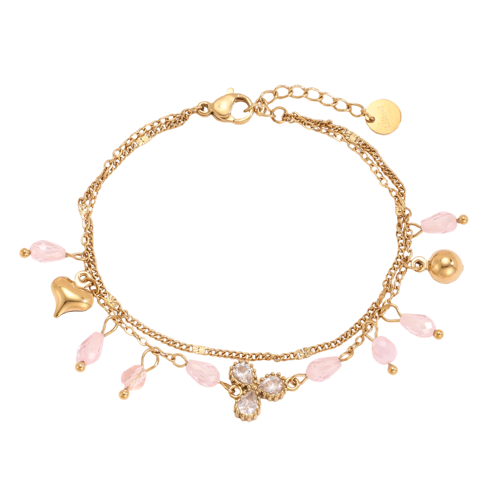 Stainless steel bracelet 17cm double-layered with rhinestones and glass