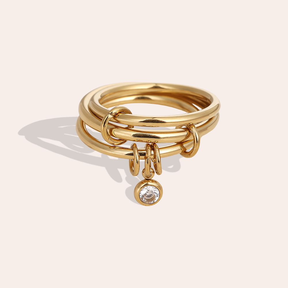  Three Simple Layer And Diamond Dot Ring Set Stainless Steel Ring