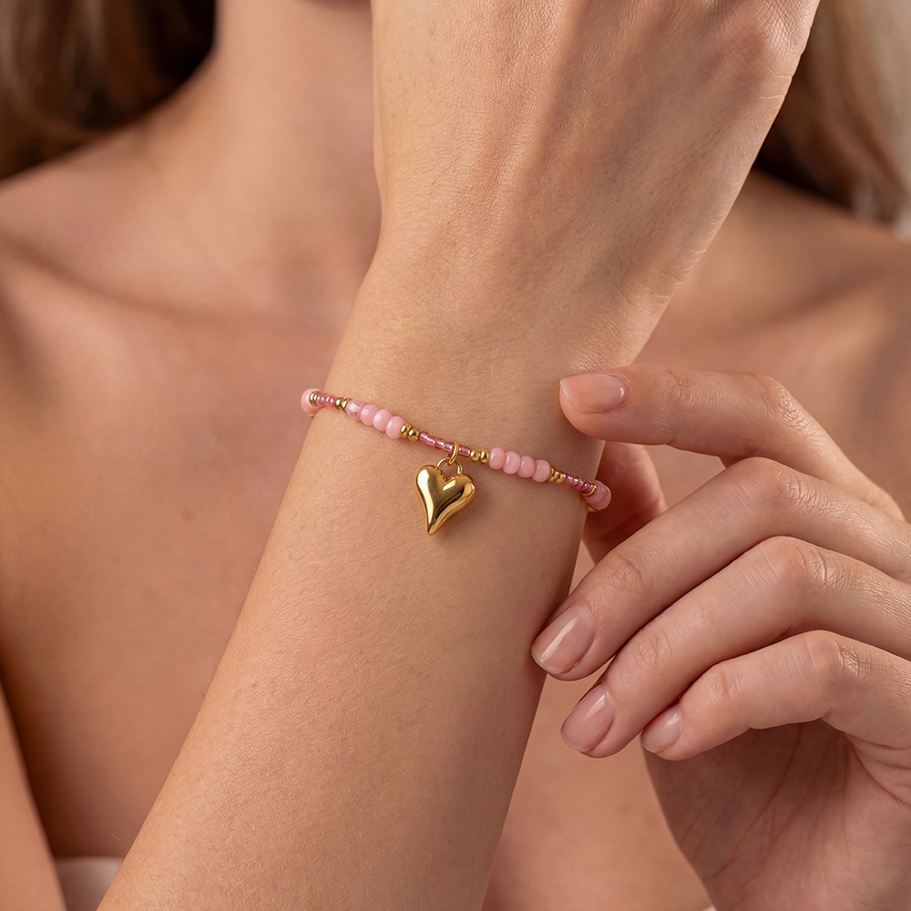 17cm pink pearl strand and heart stainless steel bracelet   