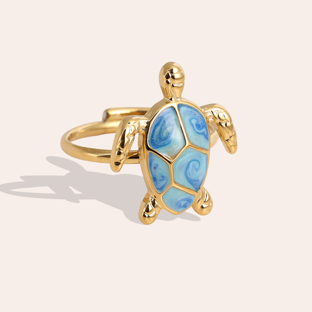 blue sea turtle stainless steel ring    