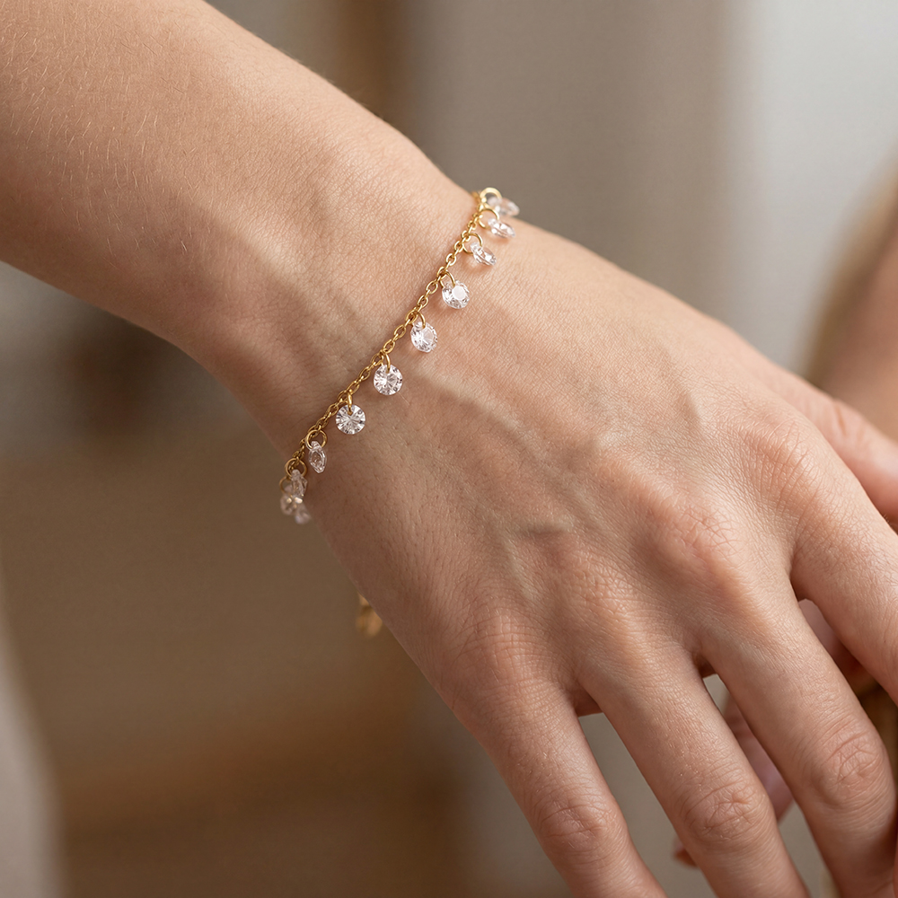 Stainless steel bracelet 17cm many round zirconia  
