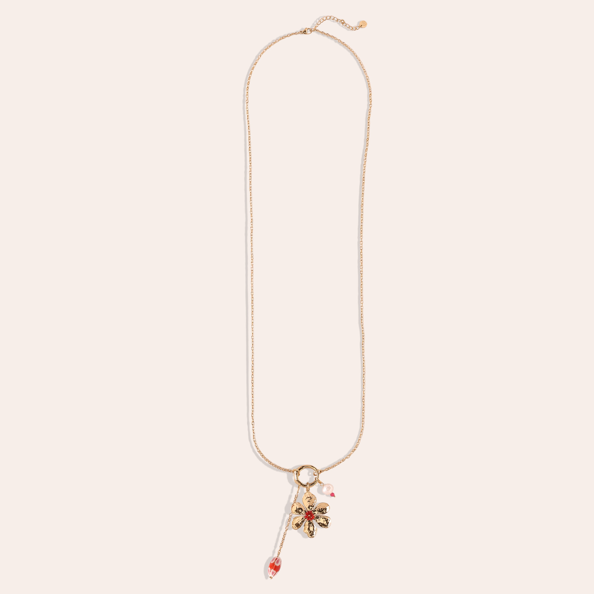 Stainless steel necklace, 80cm, with a large flower and red decoration  