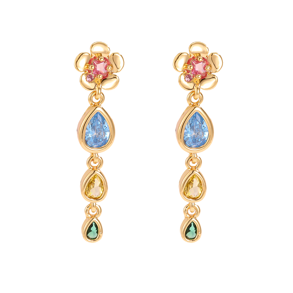 30mm zirconia flowers and coloured drops gold-plated earrings   