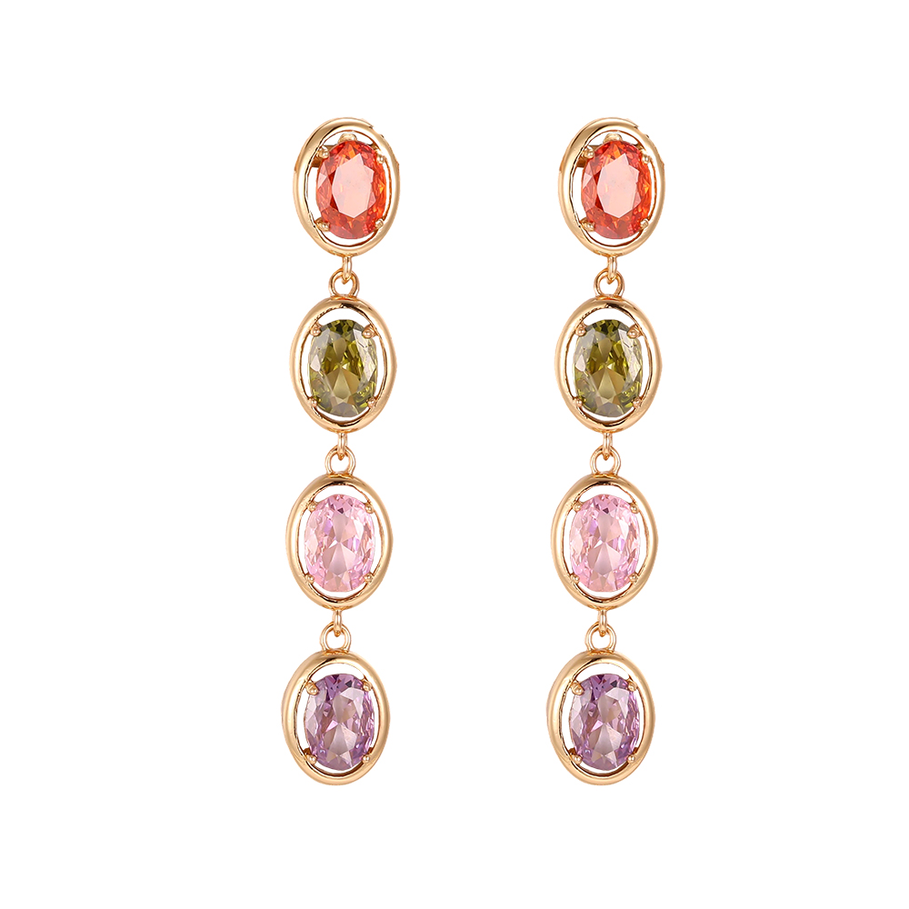 Gold-plated earrings, 48mm, featuring lots of colourful oval-cut cubic zirconia 