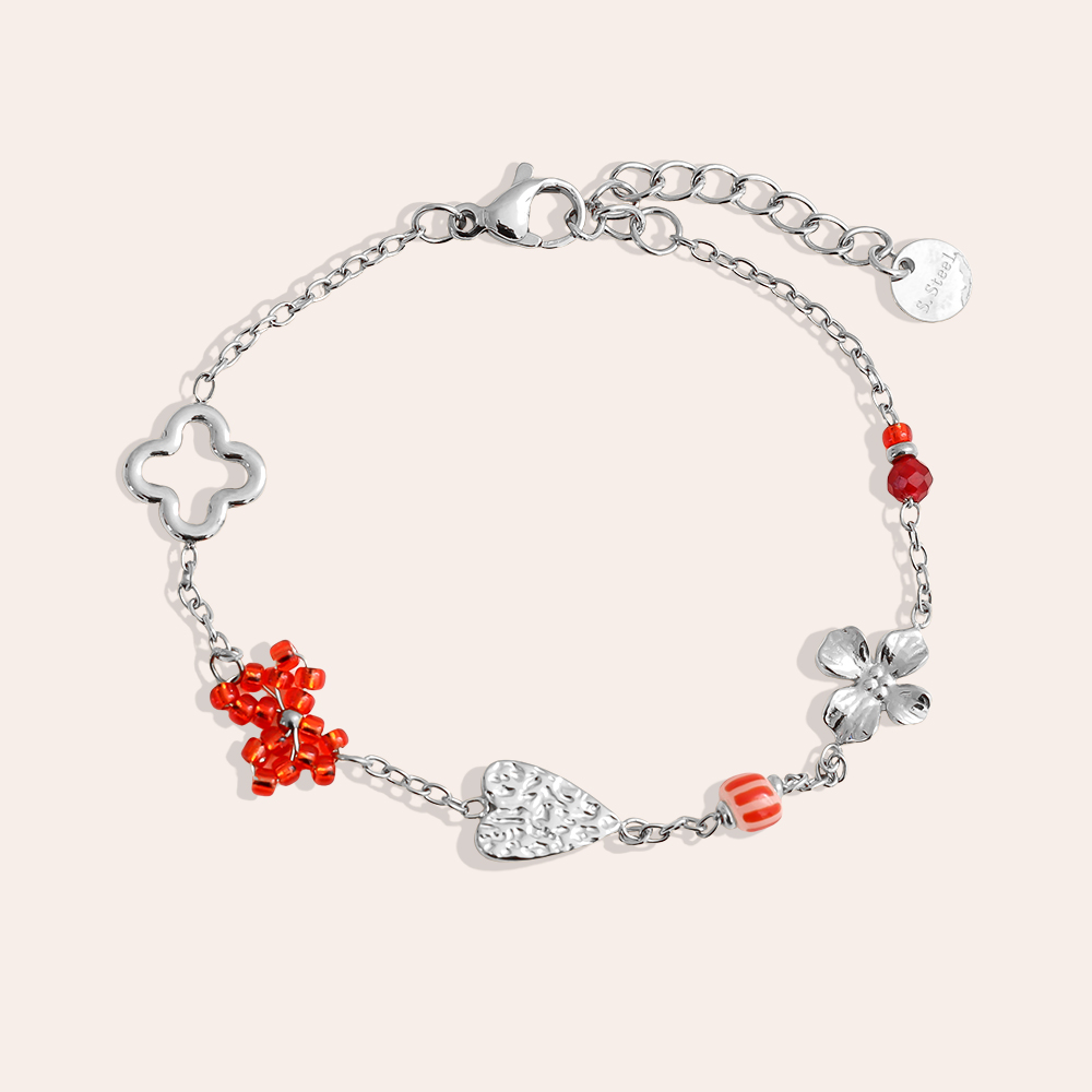 16cm heart, cloverleaf and flower beads stainless steel bracelet