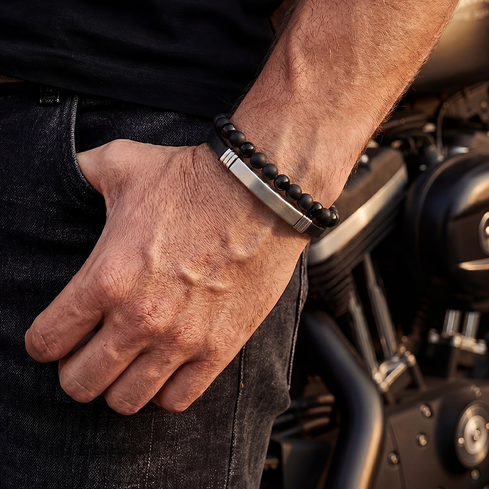  Stainless steel bracelet with multi-layered PU beads 