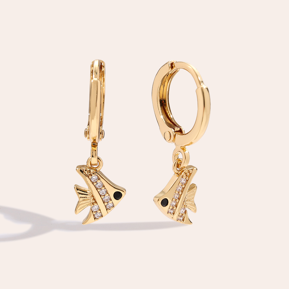 23mm Cute Fish Diamond Gold Plated Earrings