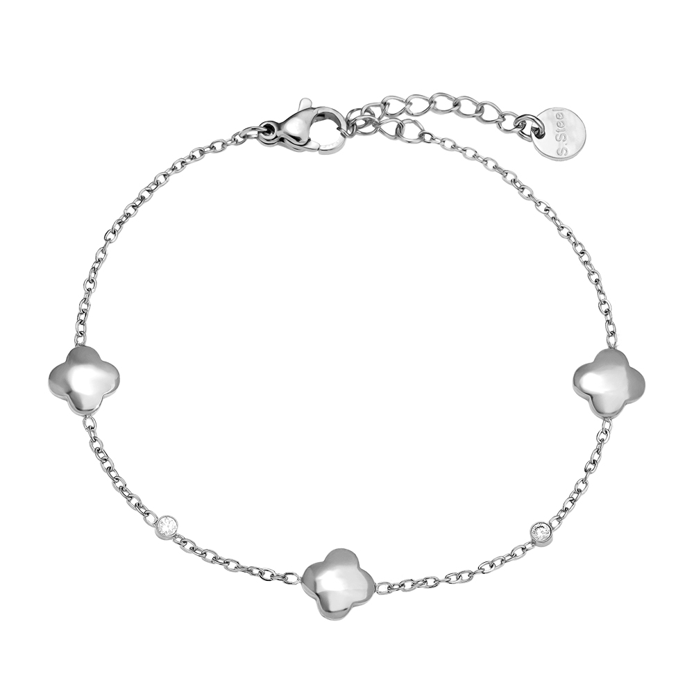 16cm Classic Luckly Flower And Diamond Dots Stainless Steel Bracelet   