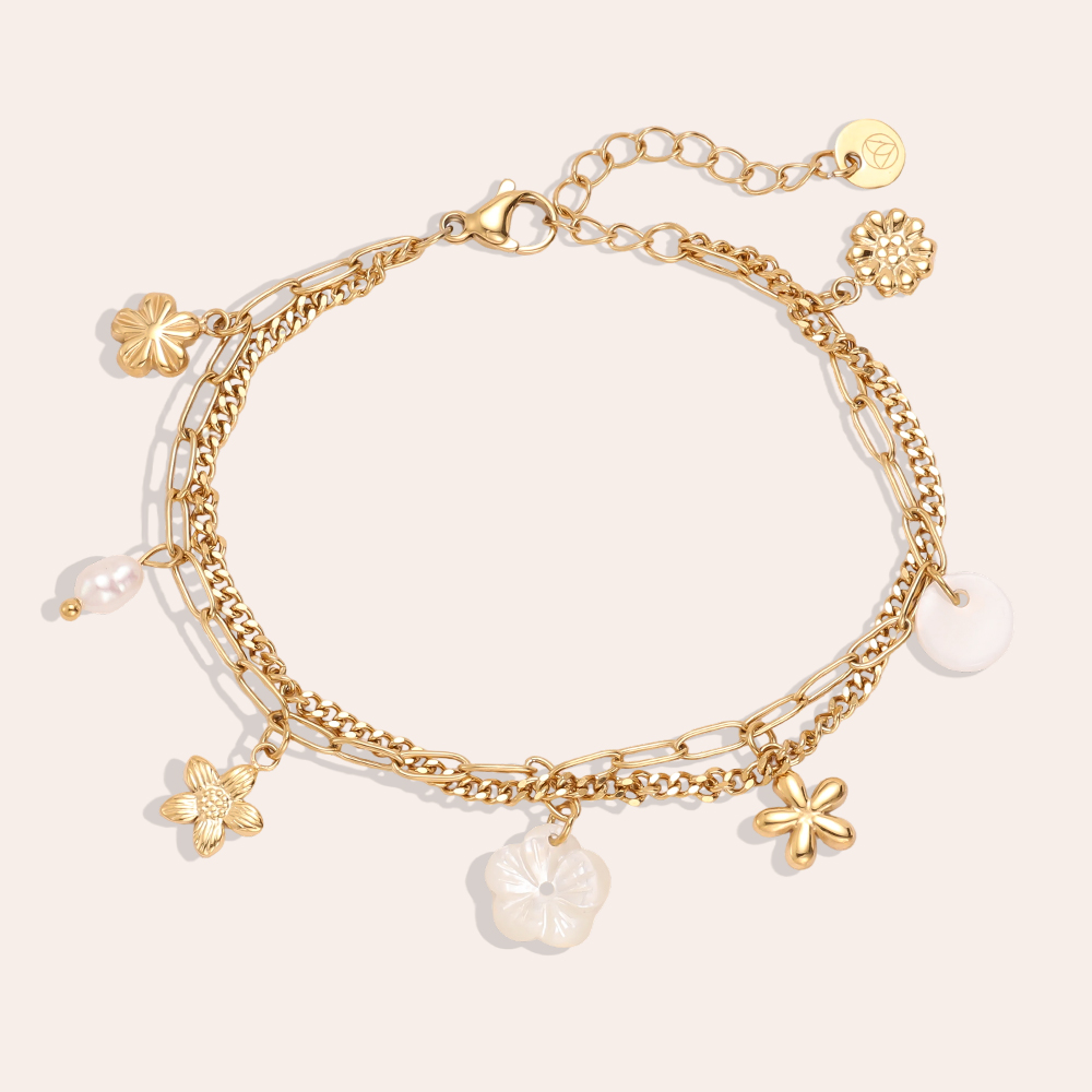 Stainless steel bracelet 17cm double row with flowers and pearls 