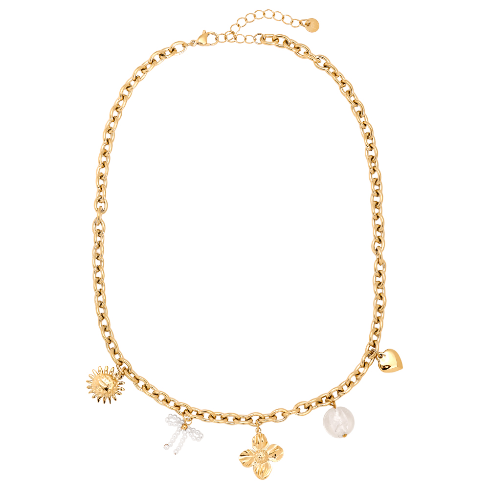 43cm sun, flower, heart and pearl pendant stainless steel necklace
