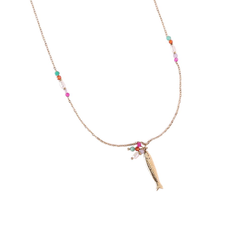 Stainless steel necklace, 80 cm, with a fish and colourful small beads
