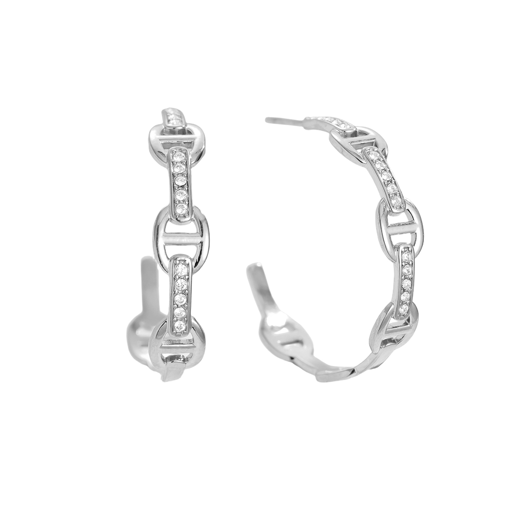 3cm Pig Nose Diamond Half Hoop Stainless Steel Earrings     