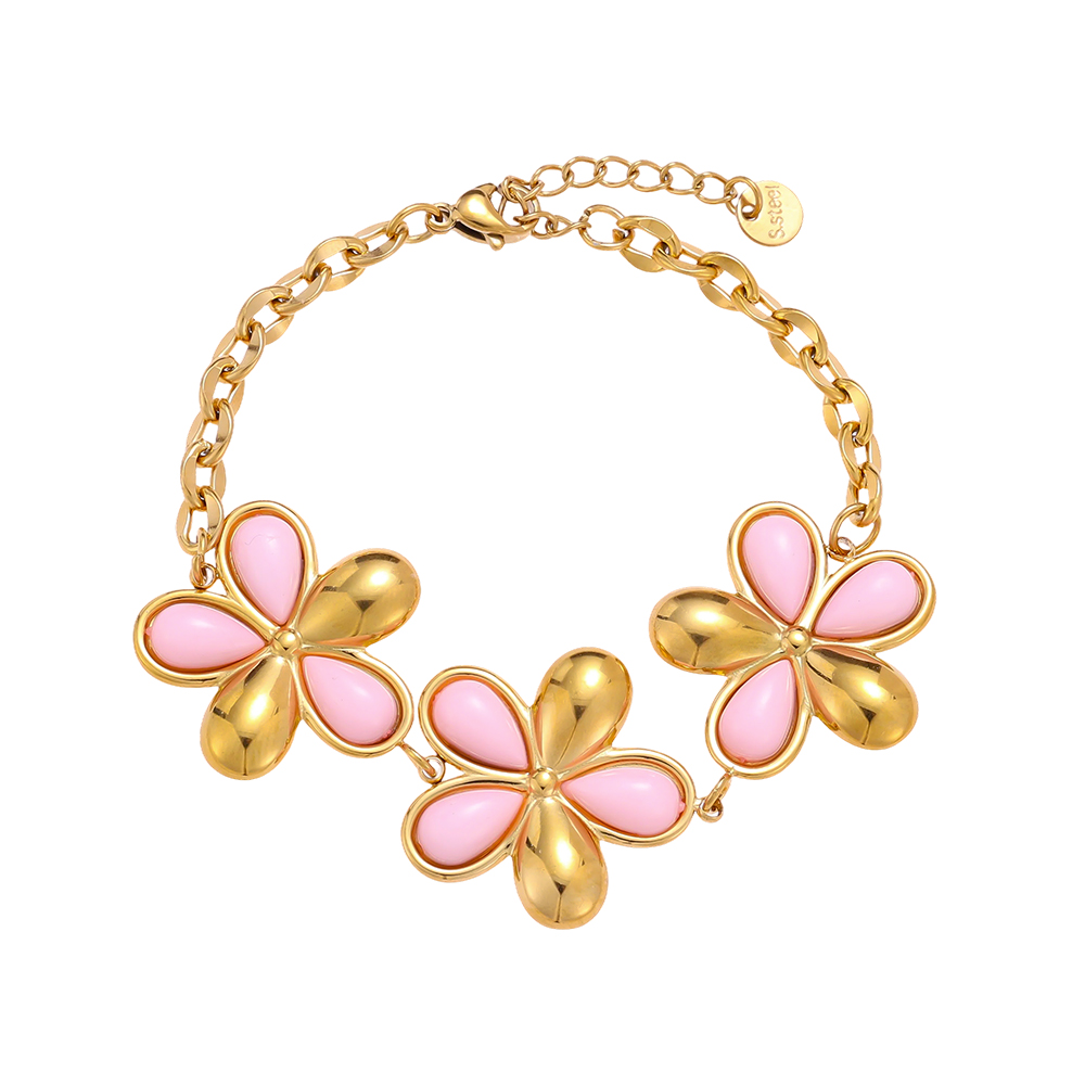 Stainless steel bracelet 17cm pink flower