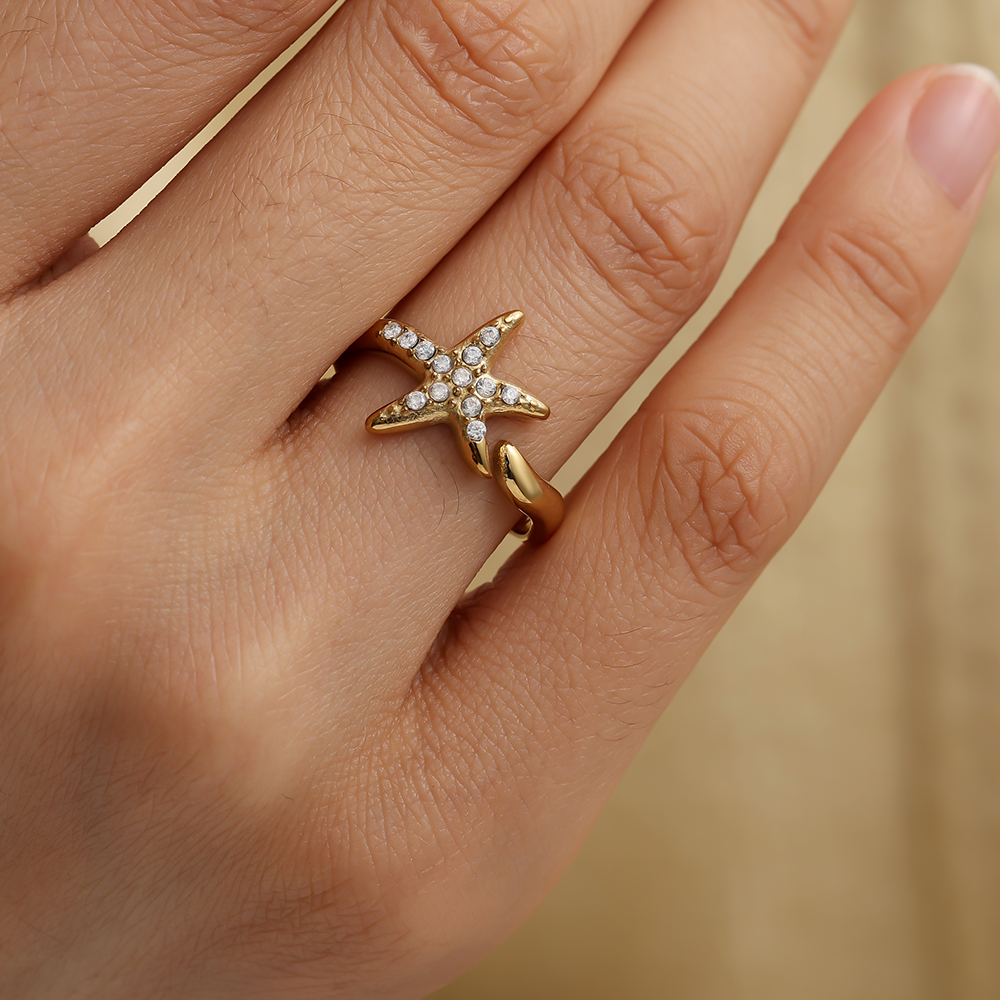 Adjustable rhinestone starfish stainless steel ring 
