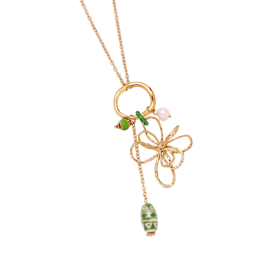 Stainless steel necklace, 79cm, with doodle flowers and green decorations