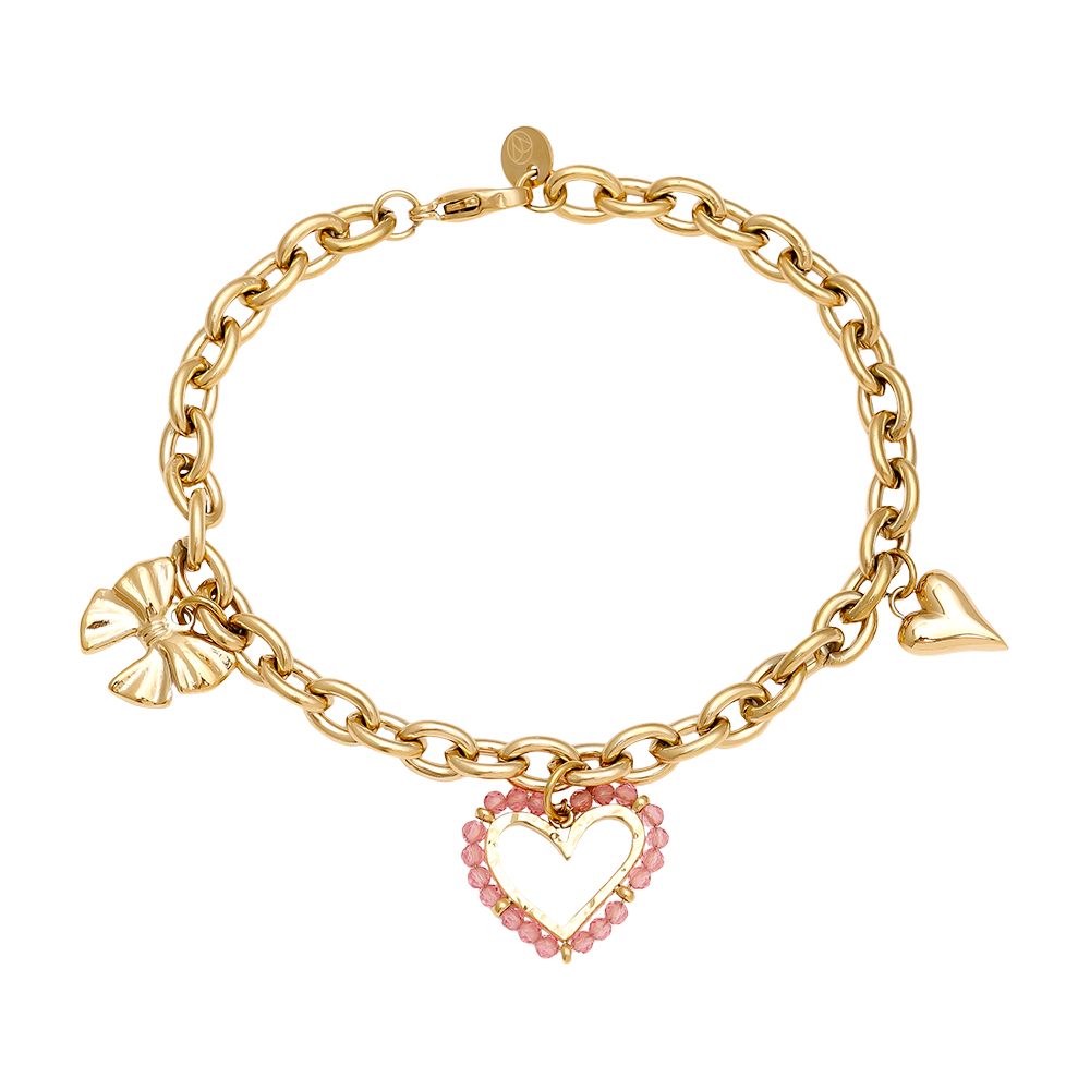 17cm Pink Heart And Charms stainless steel bracelet       