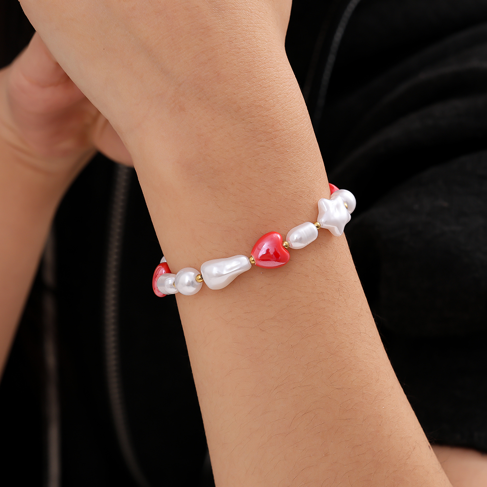 18cm Small Red Heart In Pearl Chain Stainless Steel Bracelet     