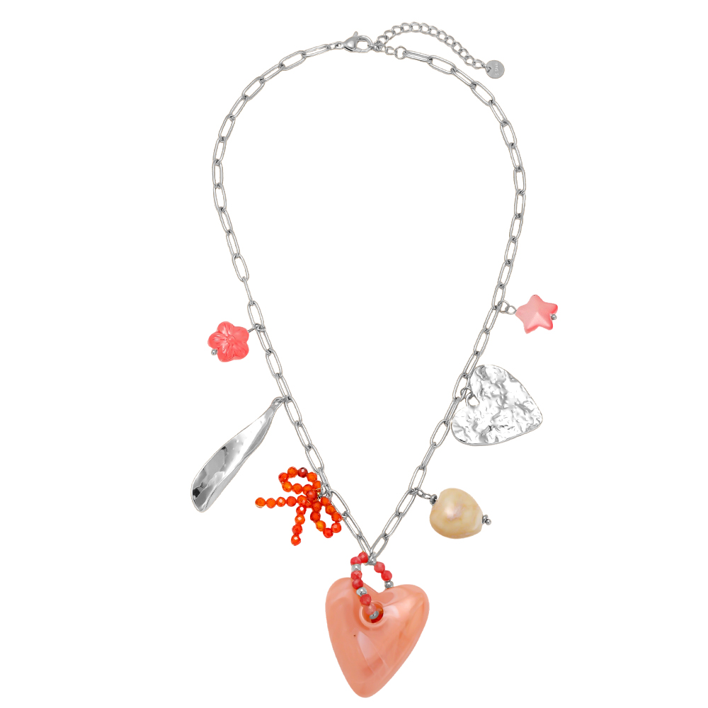 Stainless steel necklace, 40cm, with a pink acrylic heart and decorative elements