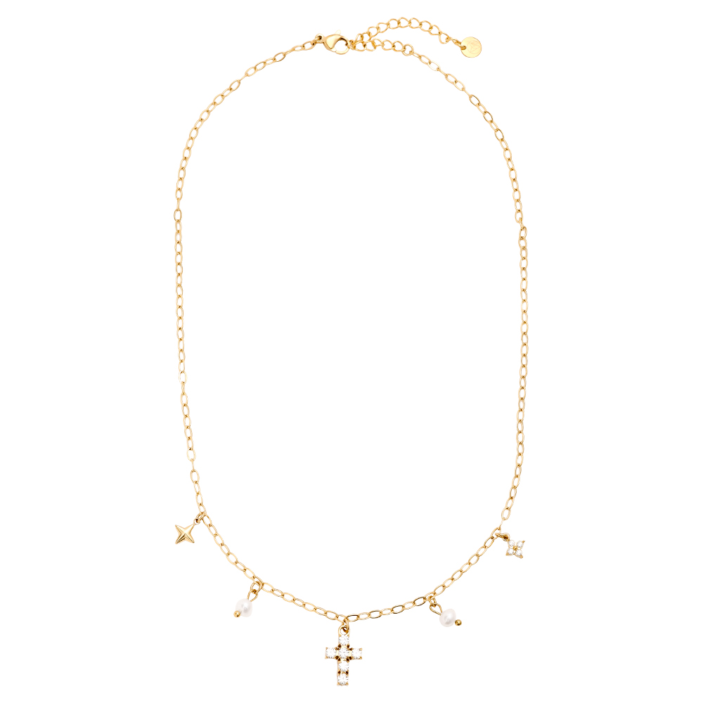 40cm Diamond Cross And Charms Stainless Steel Necklace   