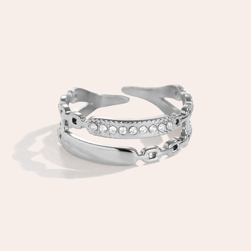 Adjustable double chain zirconia stainless steel ring